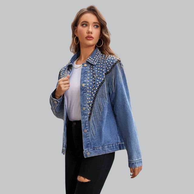 Dam Denimjacka med Pärlor och Tofsar i Hållbar Denim-2