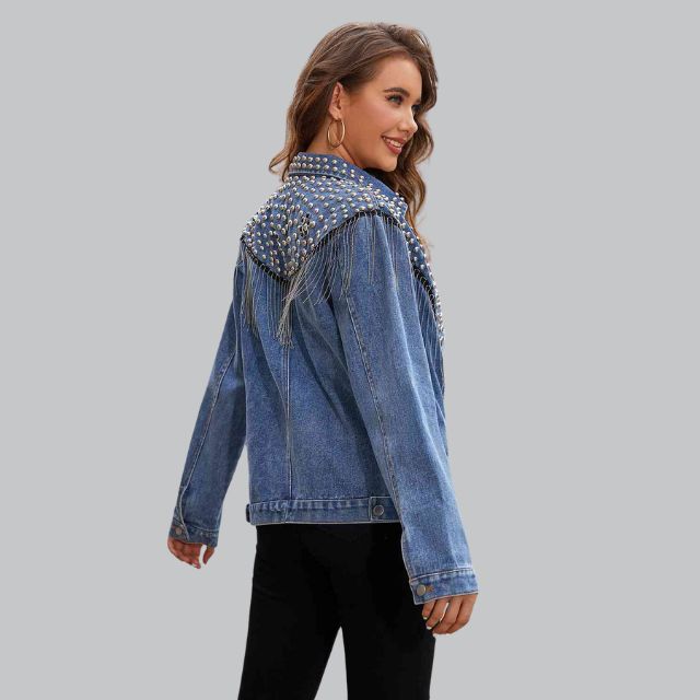 Dam Denimjacka med Pärlor och Tofsar i Hållbar Denim-6