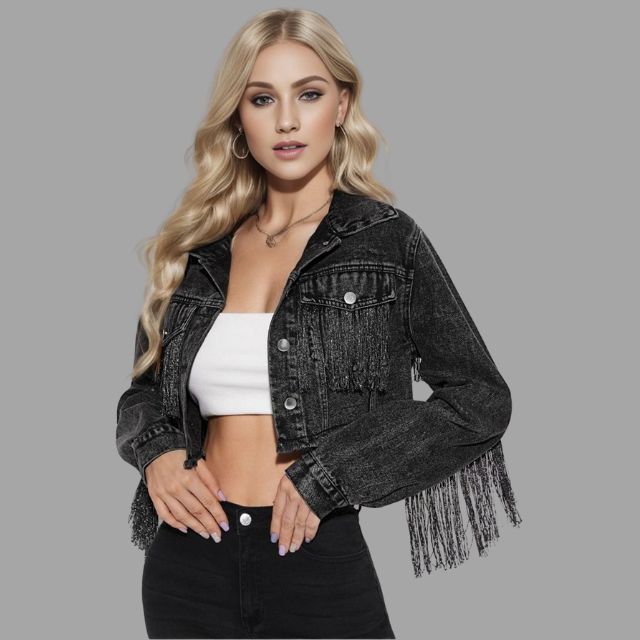 Variant image for Kvinna Kort Denimjacka Fransdetalj Denim-9