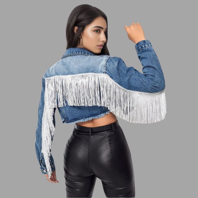 Kvinna Kort Denimjacka Fransdetalj Denim-5