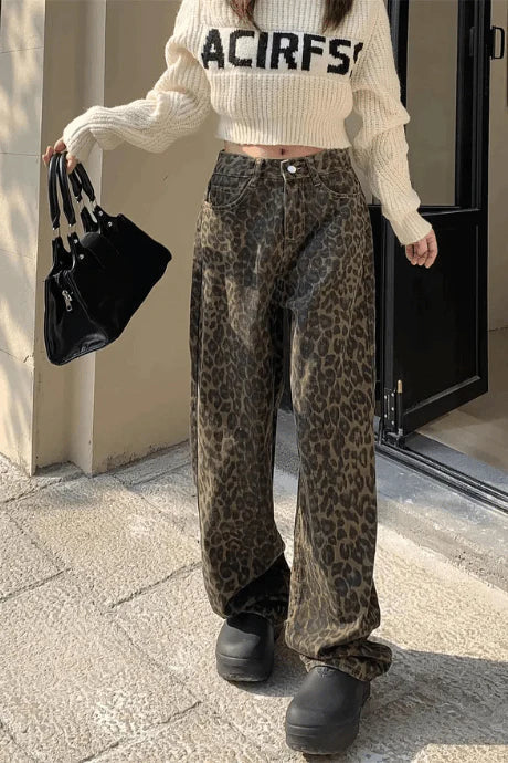 Kvinnors Vintage Jeans Rak Passform Mjuk Elastisk Denim Leopardmönster-4