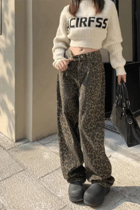 Kvinnors Vintage Jeans Rak Passform Mjuk Elastisk Denim Leopardmönster-5