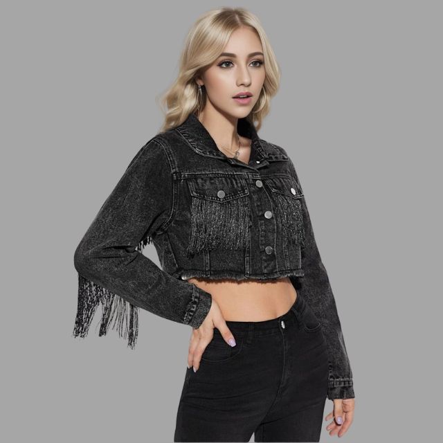 Kvinna Kort Denimjacka Fransdetalj Denim-6
