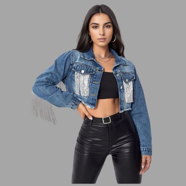 Variant image for Kvinna Kort Denimjacka Fransdetalj Denim-5