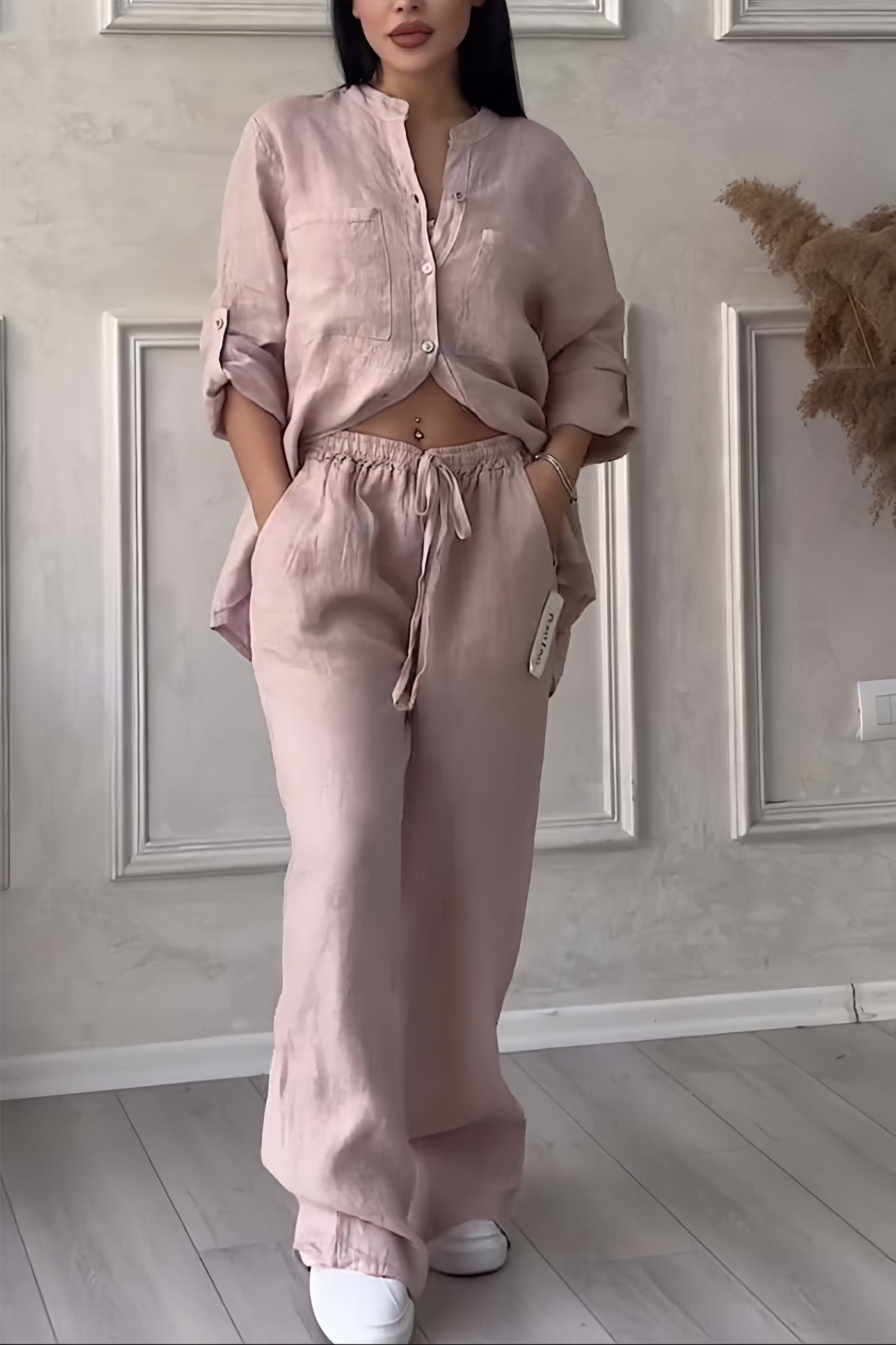 Elegant Minimalistiskt Linne Set för Damer – 100% Linne Blus och Byxor, Bekväm Passform, Perfekt för Alla Tillfällen 8