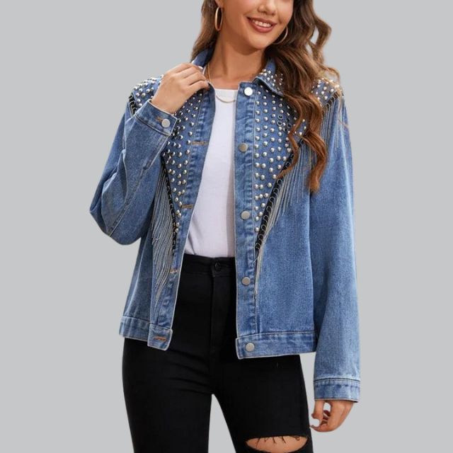 Dam Denimjacka med Pärlor och Tofsar i Hållbar Denim-4