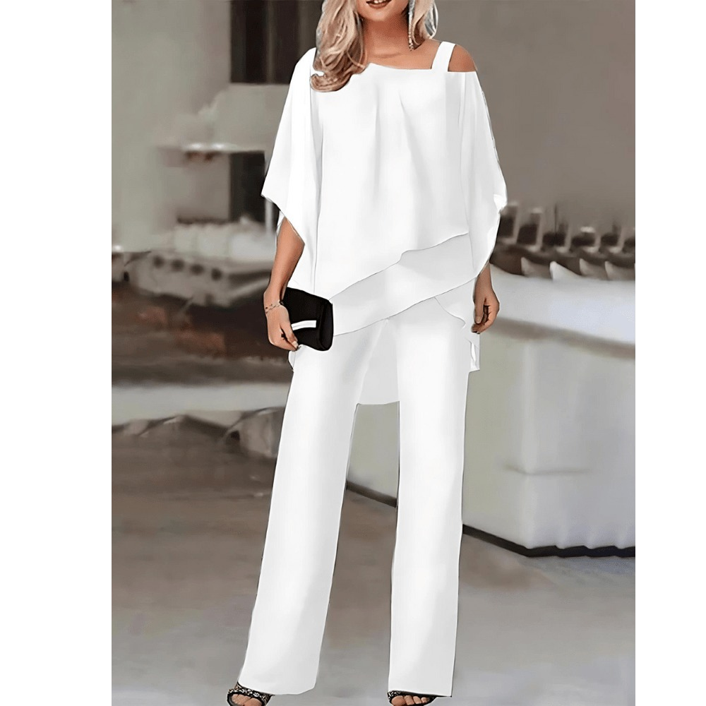 Kvinnors Off-Shoulder Set Skiktad Topp Lätta Byxor-3