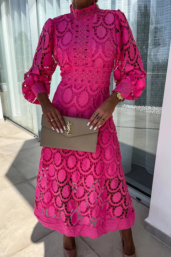 Variant image for Dam Midiklänning med Lykta Ärmar i Virkat Spets för Bröllop och Fest-1