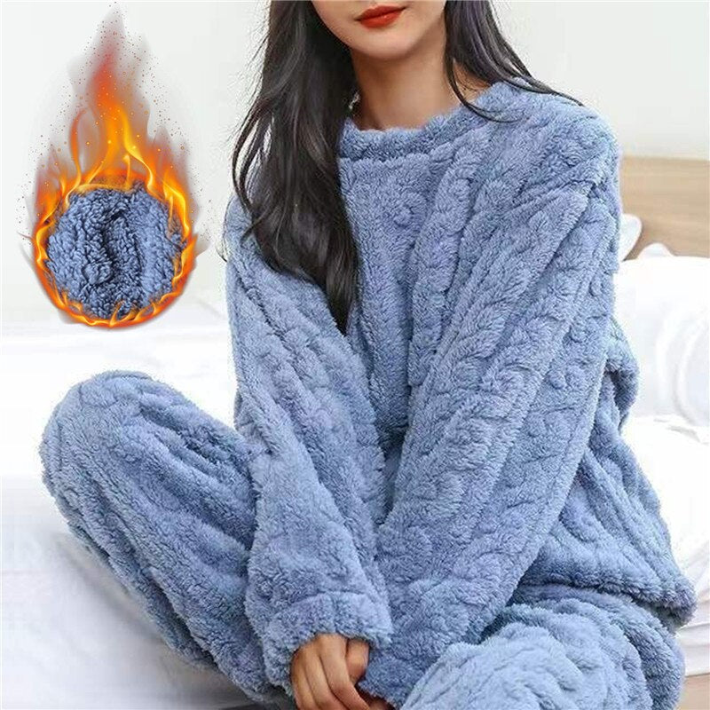 Dam Fleece Pyjamas Set Långärmad Topp och Byxor-3