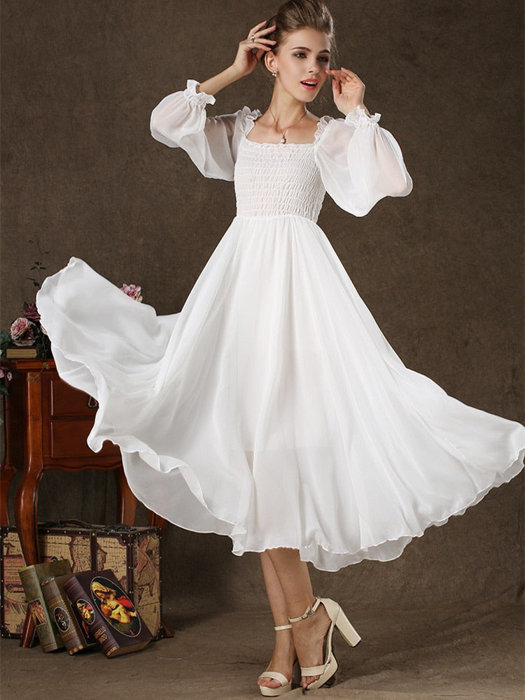 Kvinna Midi Klänning Fyrkantig Halsringning Chiffong A-Linjeformad-3