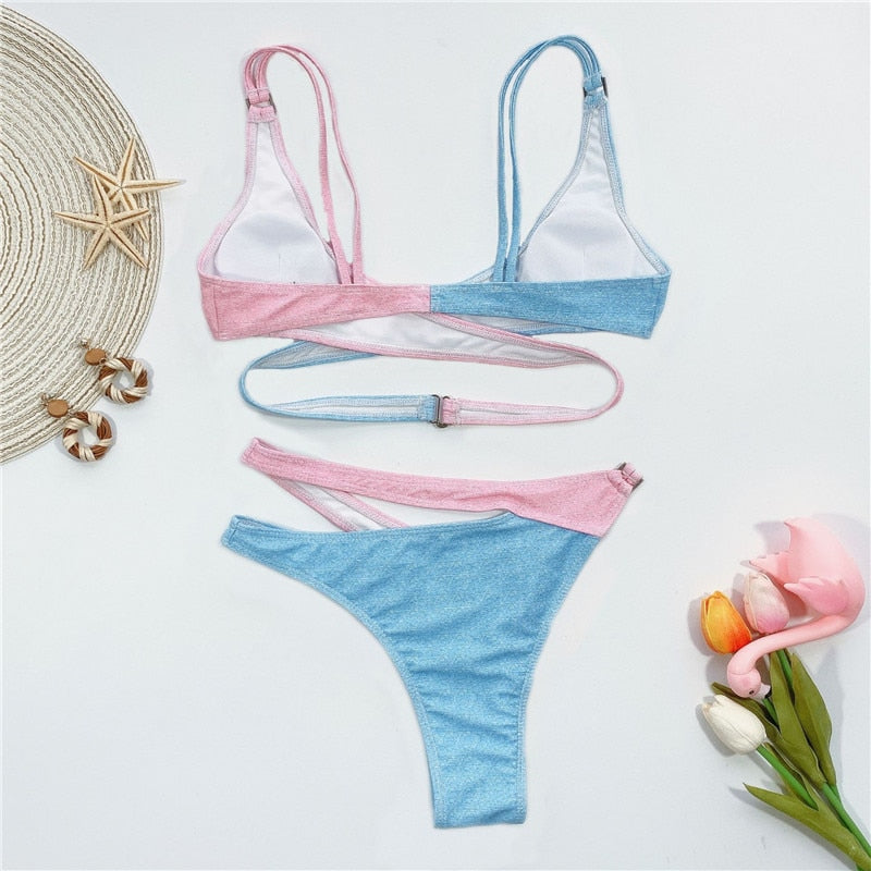 Dam Bikini Set Hög Midja Patchwork Nylon Spandex-6