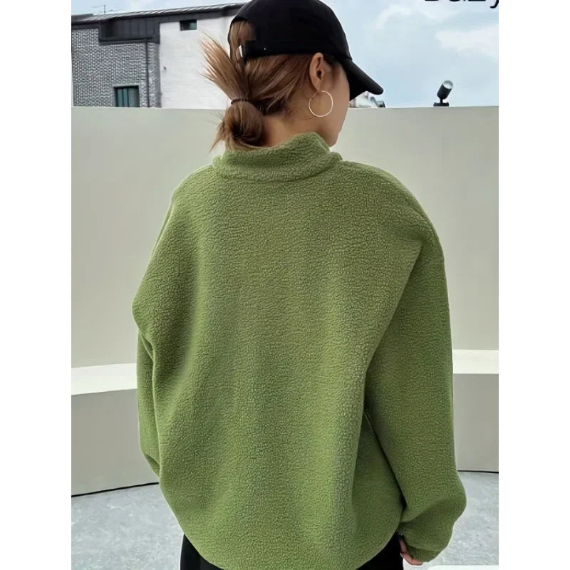 Dam Tröja med Huva Halvdragkedja Mjuk Tyg-4