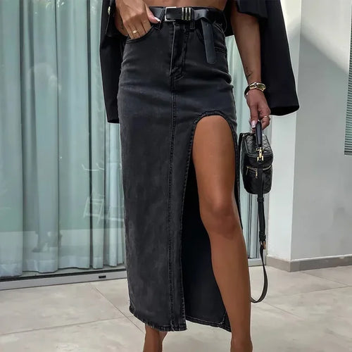 Dam Jeanskjol A-linjeformad Hög Midja Denim-1