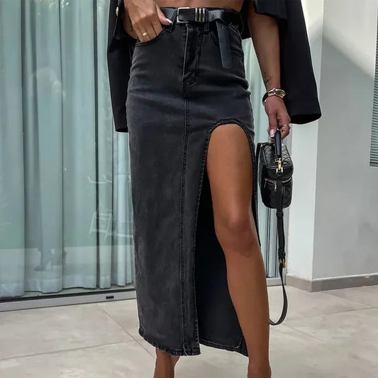 Dam Jeanskjol A-linjeformad Hög Midja Denim-1