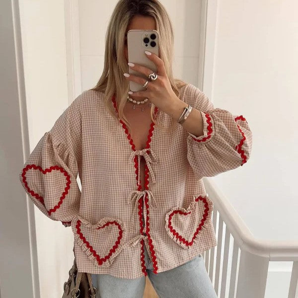 Dam V-Neck Blus med Hjärtformade Fickor i Vintage Stil-3