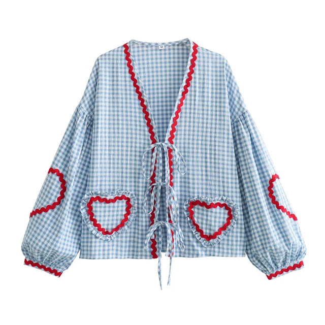 Variant image for Dam V-Neck Blus med Hjärtformade Fickor i Vintage Stil-16