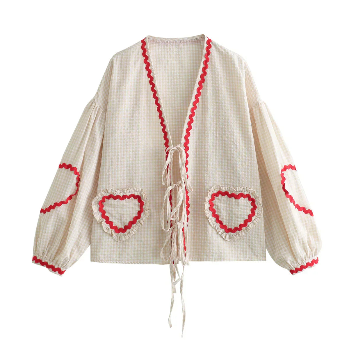 Variant image for Dam V-Neck Blus med Hjärtformade Fickor i Vintage Stil-6