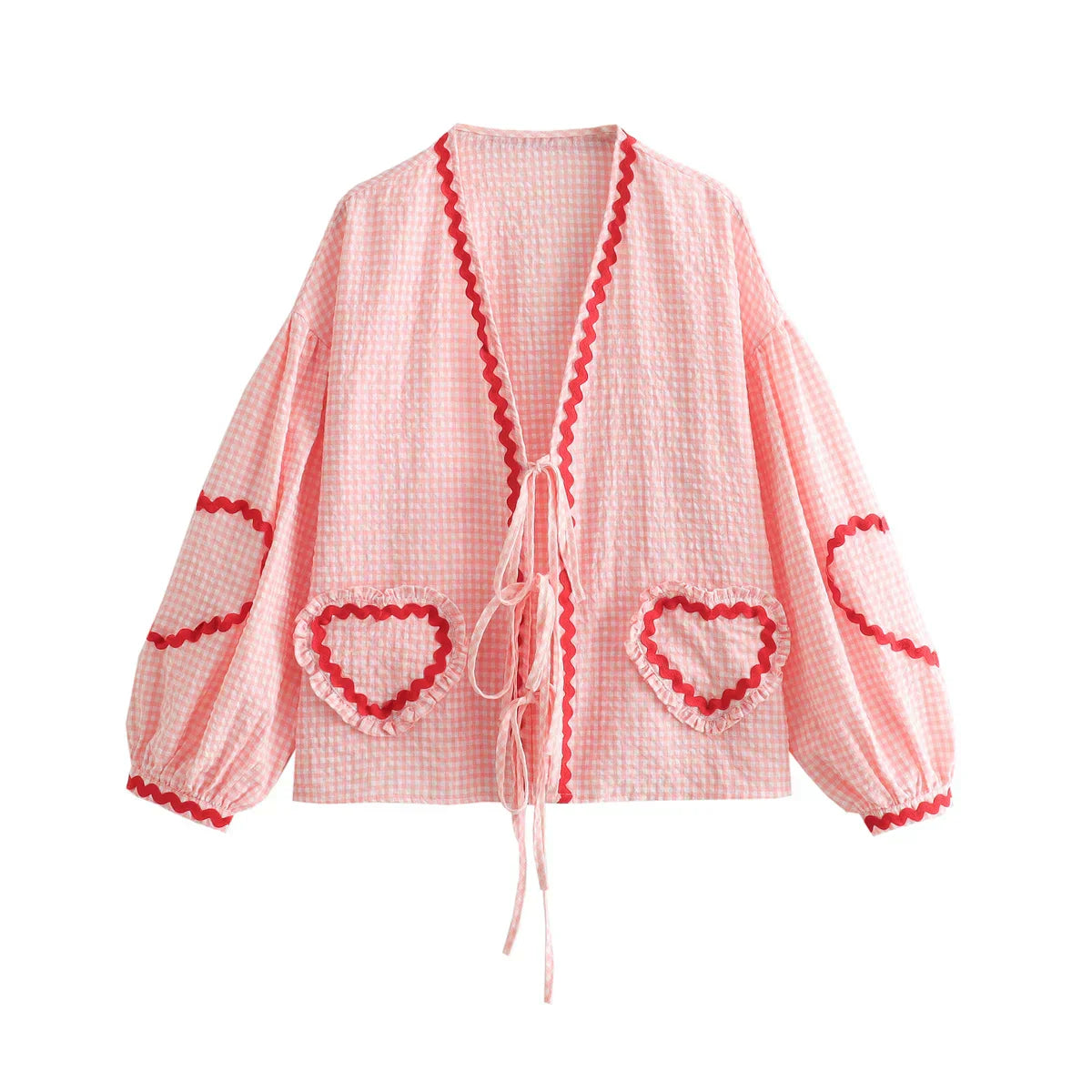 Dam V-Neck Blus med Hjärtformade Fickor i Vintage Stil-2