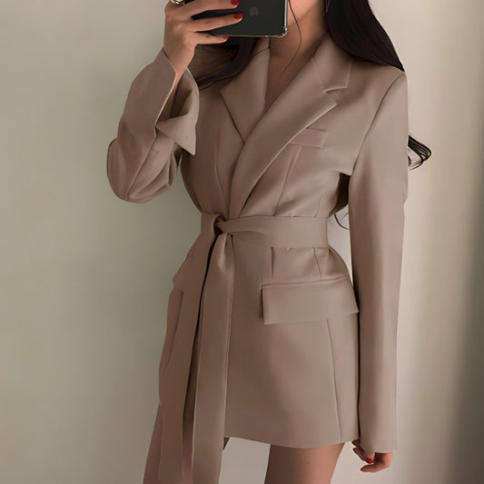Dam Blazer Med Bälte Modern Design Smal Passform Polyesterblandning 1