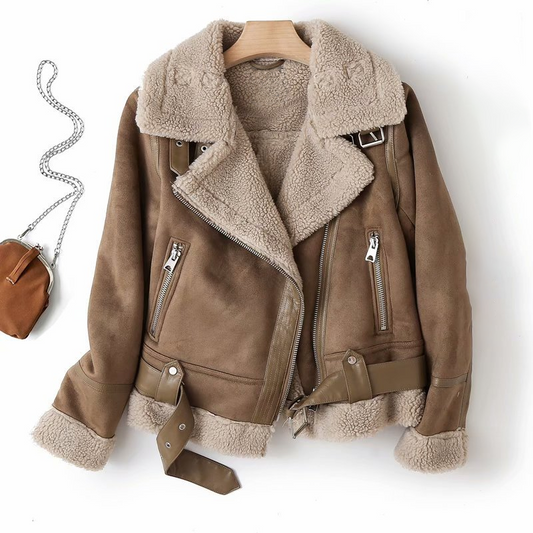 Dam Skinnjacka Med Sherpa Fleece HalvlÄng Borstat LÀder 1