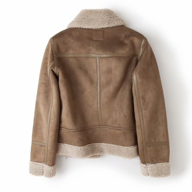 Dam Skinnjacka Med Sherpa Fleece Halvlång Borstat Läder 5