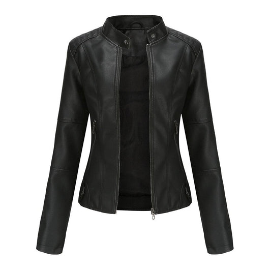 Dam Skinnjacka Mao Krage PU-Läder Slim Fit-1