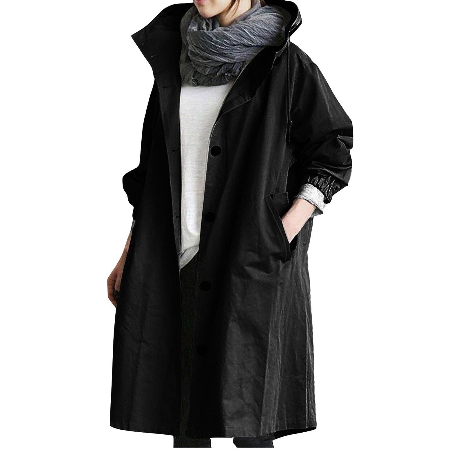 Dam Trenchrock Lång Passform Justerbar Huva Bomull Polyester-1