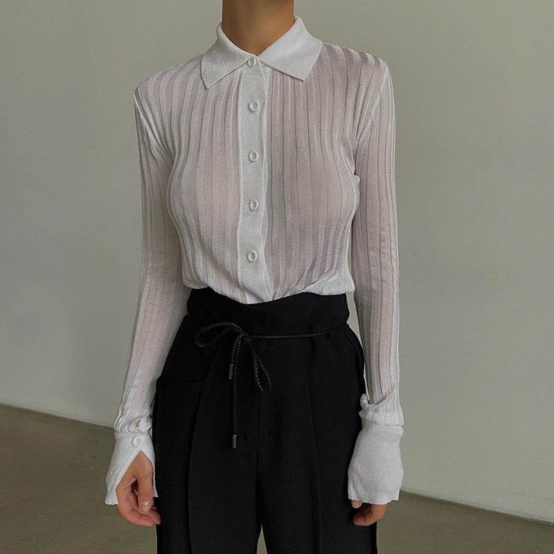 Långärmad T-shirt Dam Transparent Polyester med Krage-2
