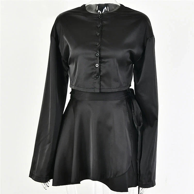 Variant image for Dam Blus och Minikjol med Bindande Bälte Sidenblandning-6