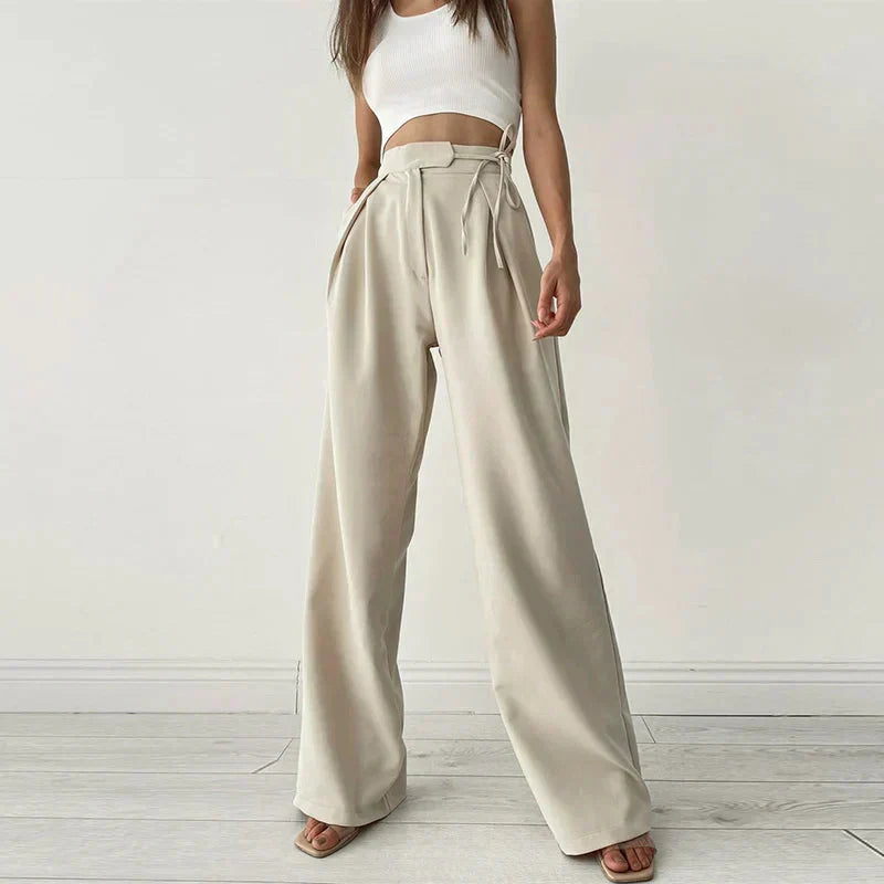 Hög Midja Löst Passform Byxor i Svart Stickat Material – Bekväma Bredbyxor för Kontor och Fritid 3