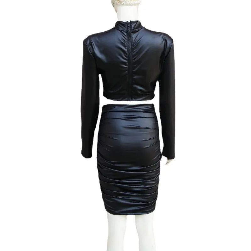 Dam Set Syntetisk Läder Långärmad Topp och Samlad Kjol-4