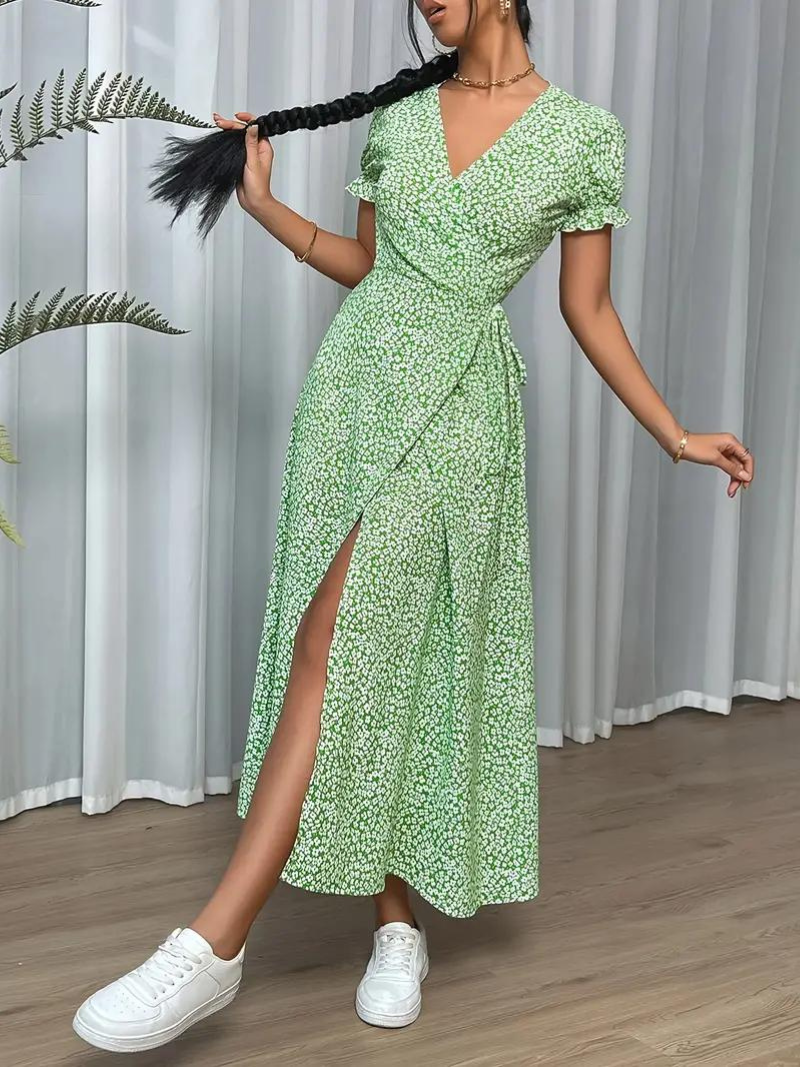 Dam Klänning Lång Korta Ärmar Polyester Elegant Fina Dam Klänningar-2