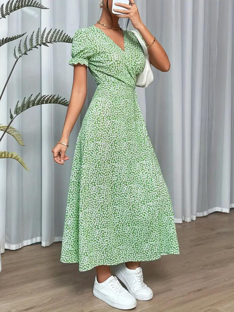 Dam Klänning Lång Korta Ärmar Polyester Elegant Fina Dam Klänningar-4