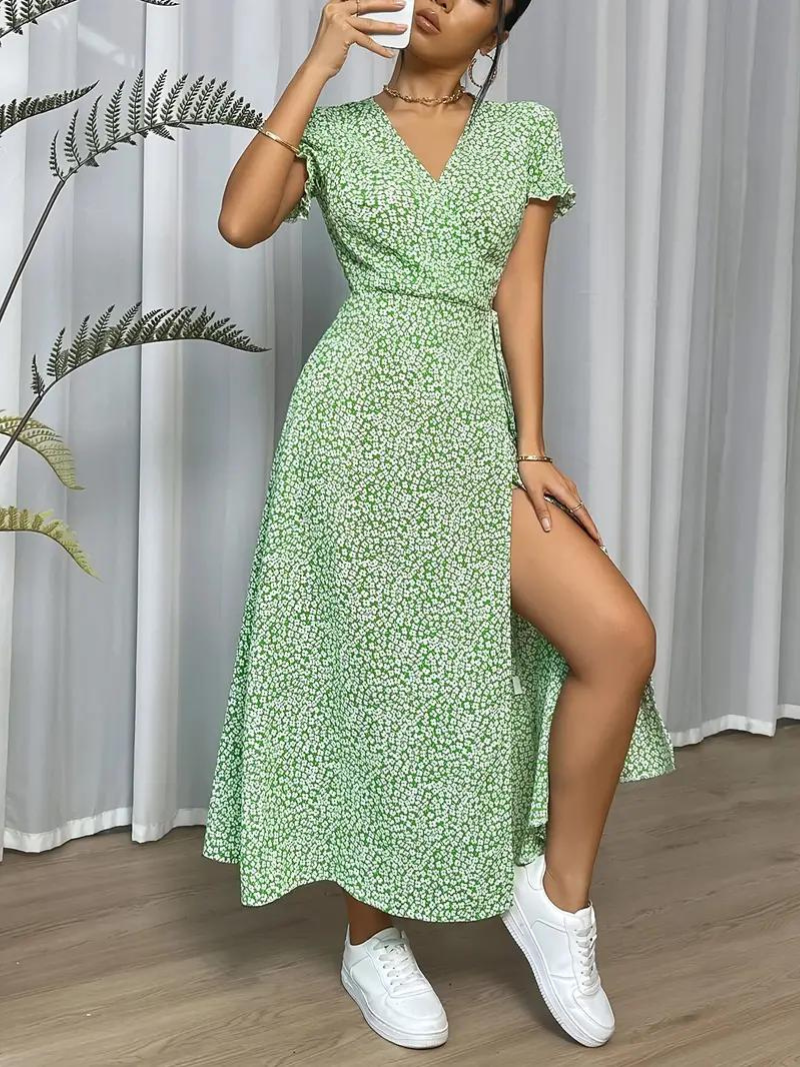 Dam Klänning Lång Korta Ärmar Polyester Elegant Fina Dam Klänningar-5