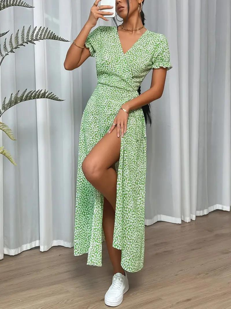 Dam Klänning Lång Korta Ärmar Polyester Elegant Fina Dam Klänningar-6