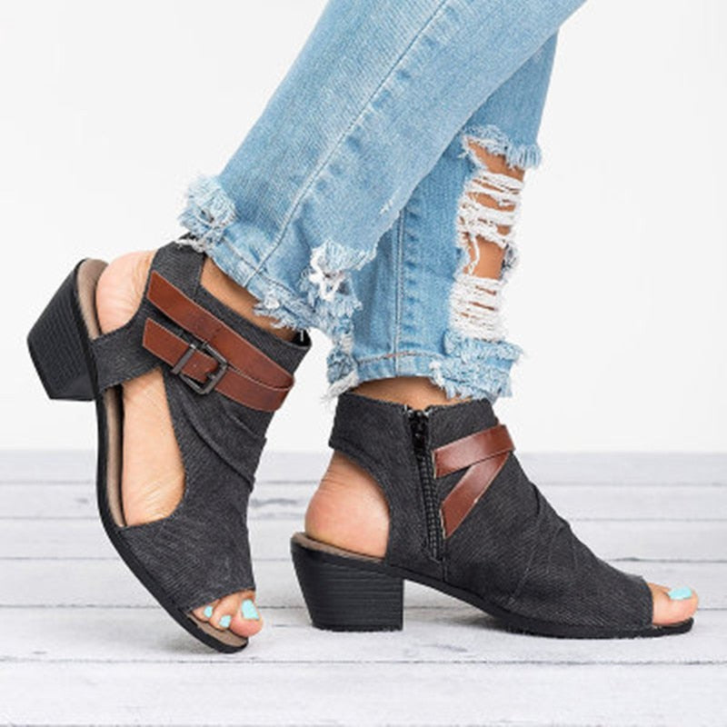Dam Skor Peep Toe Plattform Bomullstyg med Spänne-3