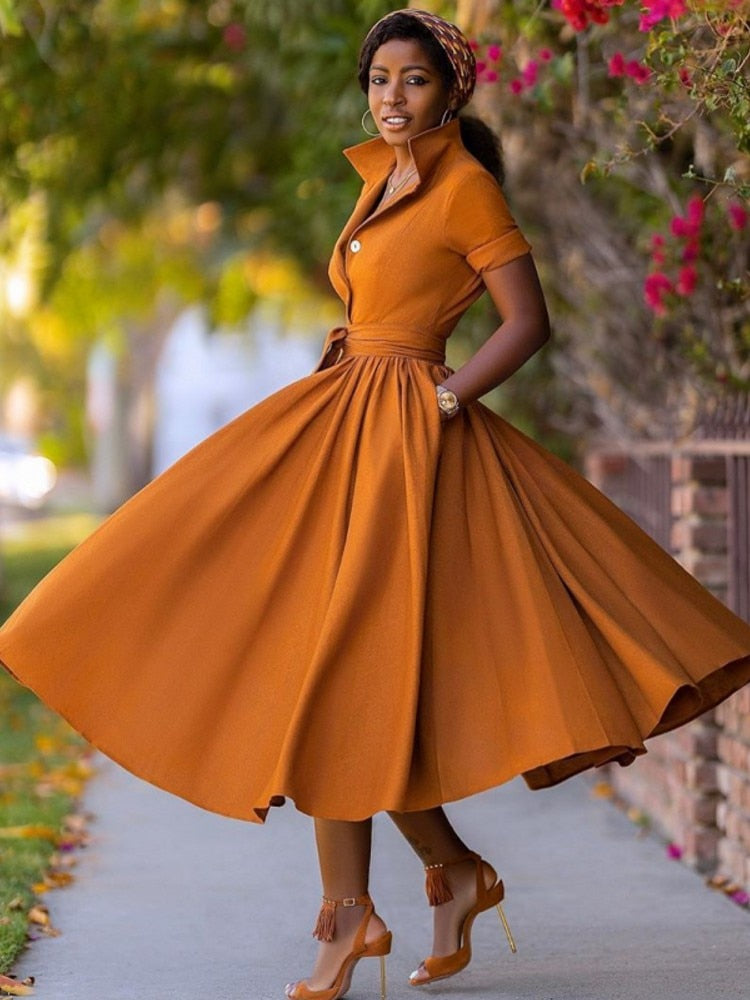 Kvinnor Midi Klänning V-hals Polyester Halva Ärmar Elegant-4