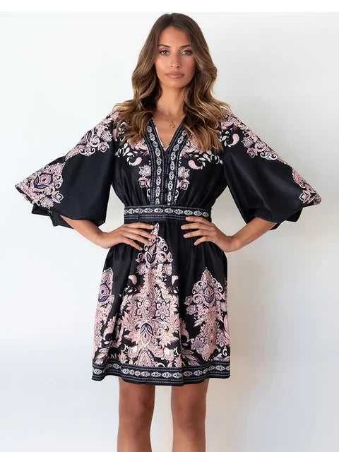 Variant image for Kvinna Miniklänning Djup V-ringning Ballongärmar Polyester-1