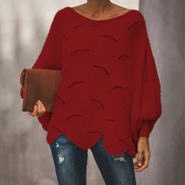 Stickad Dam Tröja Överdimensionerad Med Batwing Ärmar-1