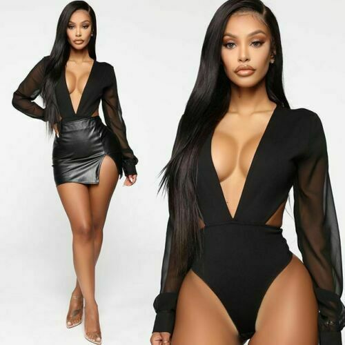 Dam Bodysuit Långärmad Mesh Polyester Elegant Stil-5