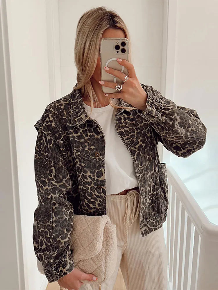 Damjacka Leopardmönster Trendig Polyesterjacka för Damer 2