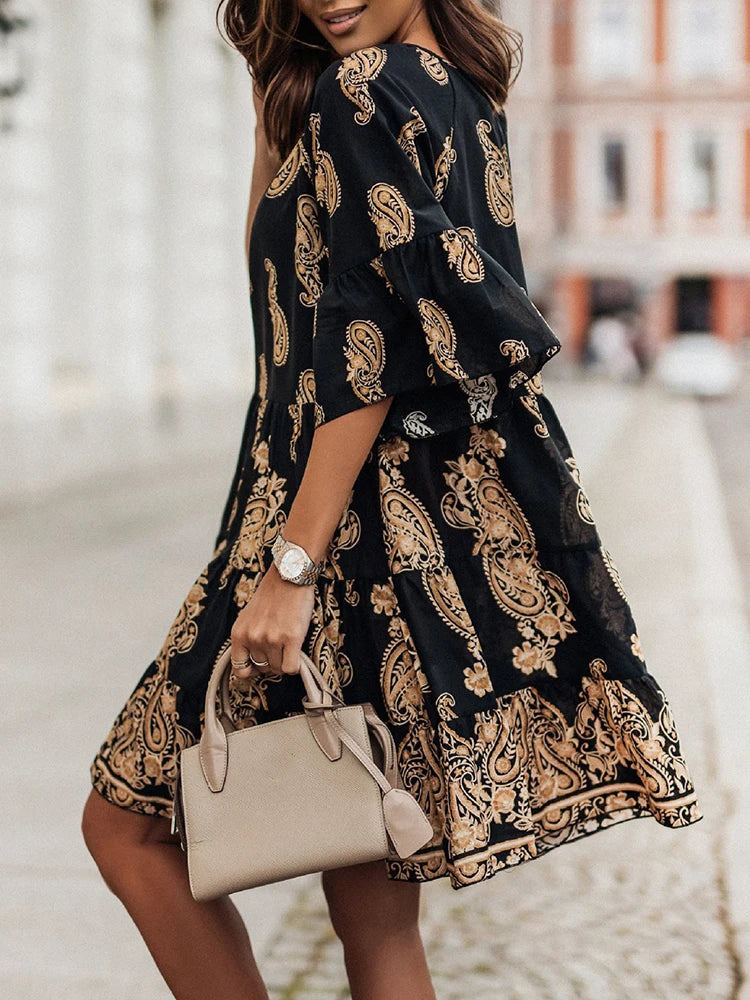 Kvinna Miniklänning Bohemisk Stil Bomullspolyester-4