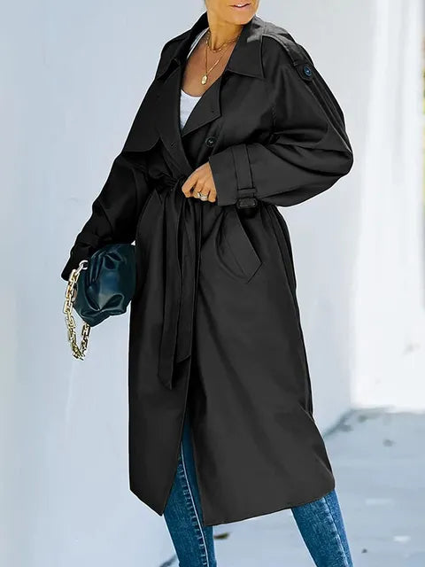 LĂ„ng DubbelknĂ€ppt Trenchcoat för Kvinnor i Polyesterblandning â Tidlös Elegans och Skydd mot VĂ€der 1