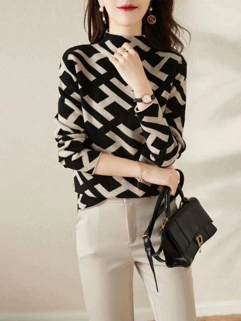 Stickad Dam Tröja Unikt Mönster Vintage Charm Högkvalitativt Tyg-1