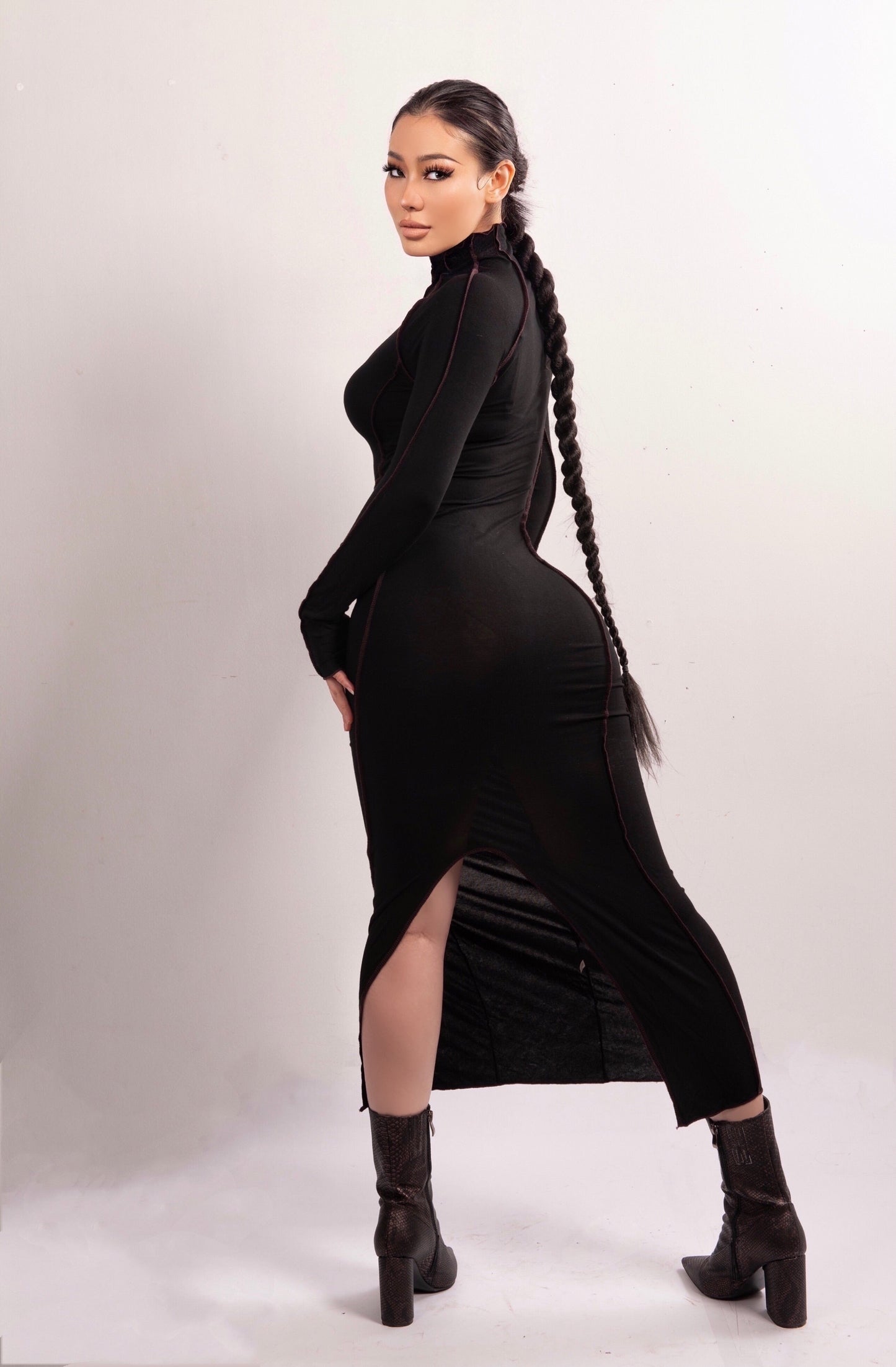 Kvinnors Midi Klänning Turtleneck Bomull Spandex-4