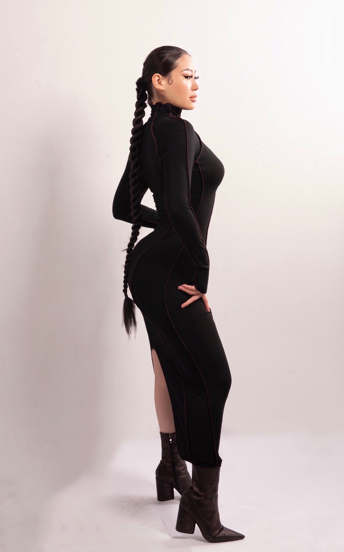 Kvinnors Midi Klänning Turtleneck Bomull Spandex-3