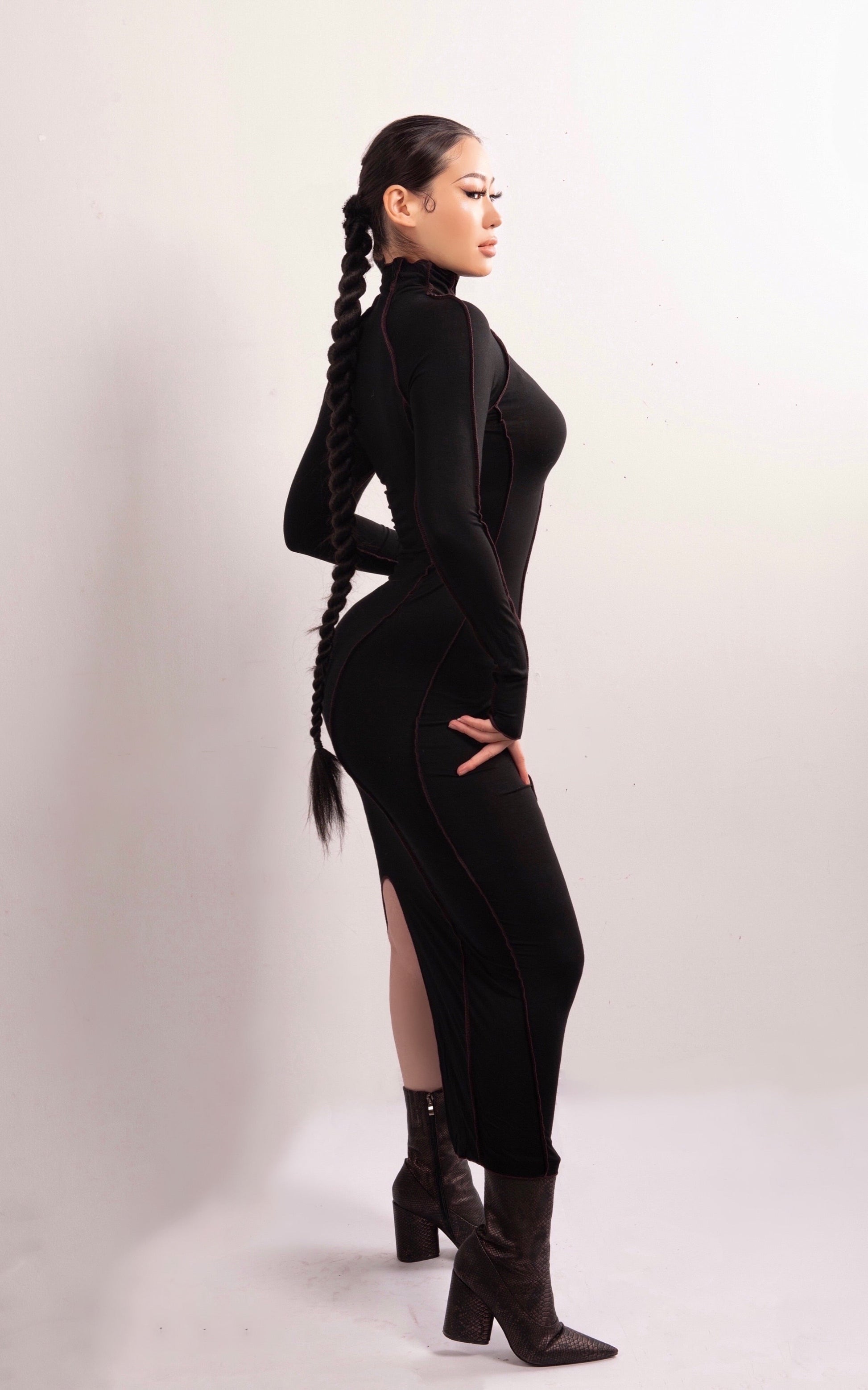 Kvinnors Midi Klänning Turtleneck Bomull Spandex-3