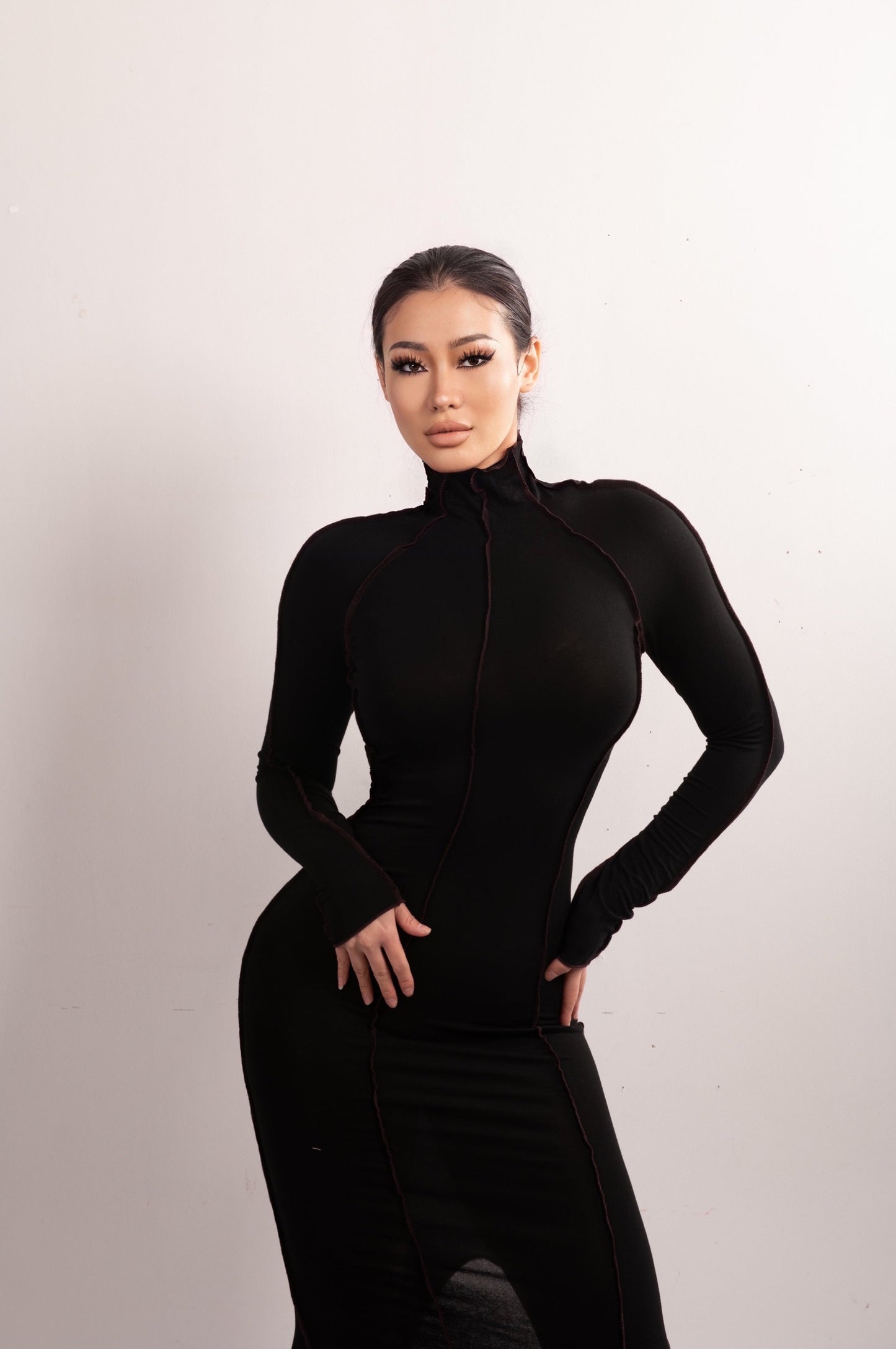 Kvinnors Midi Klänning Turtleneck Bomull Spandex-2