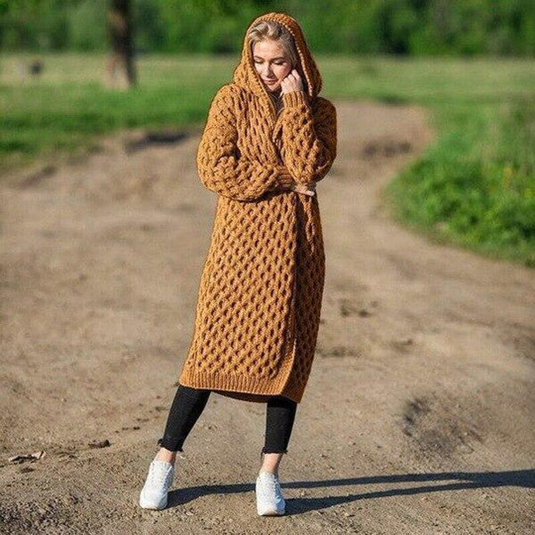 Lång Kofta Dam med Huva och Strukturerat Mönster i Polyester 10