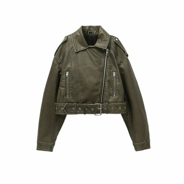 Kort Jacka Dam Vintage Syntetiskt Läder med Bälte 8